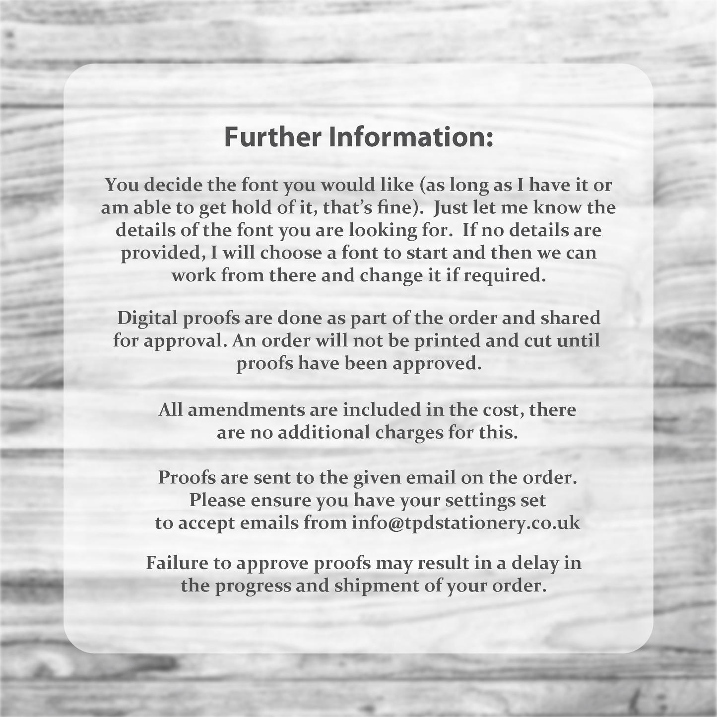 Further information for custom printed cards