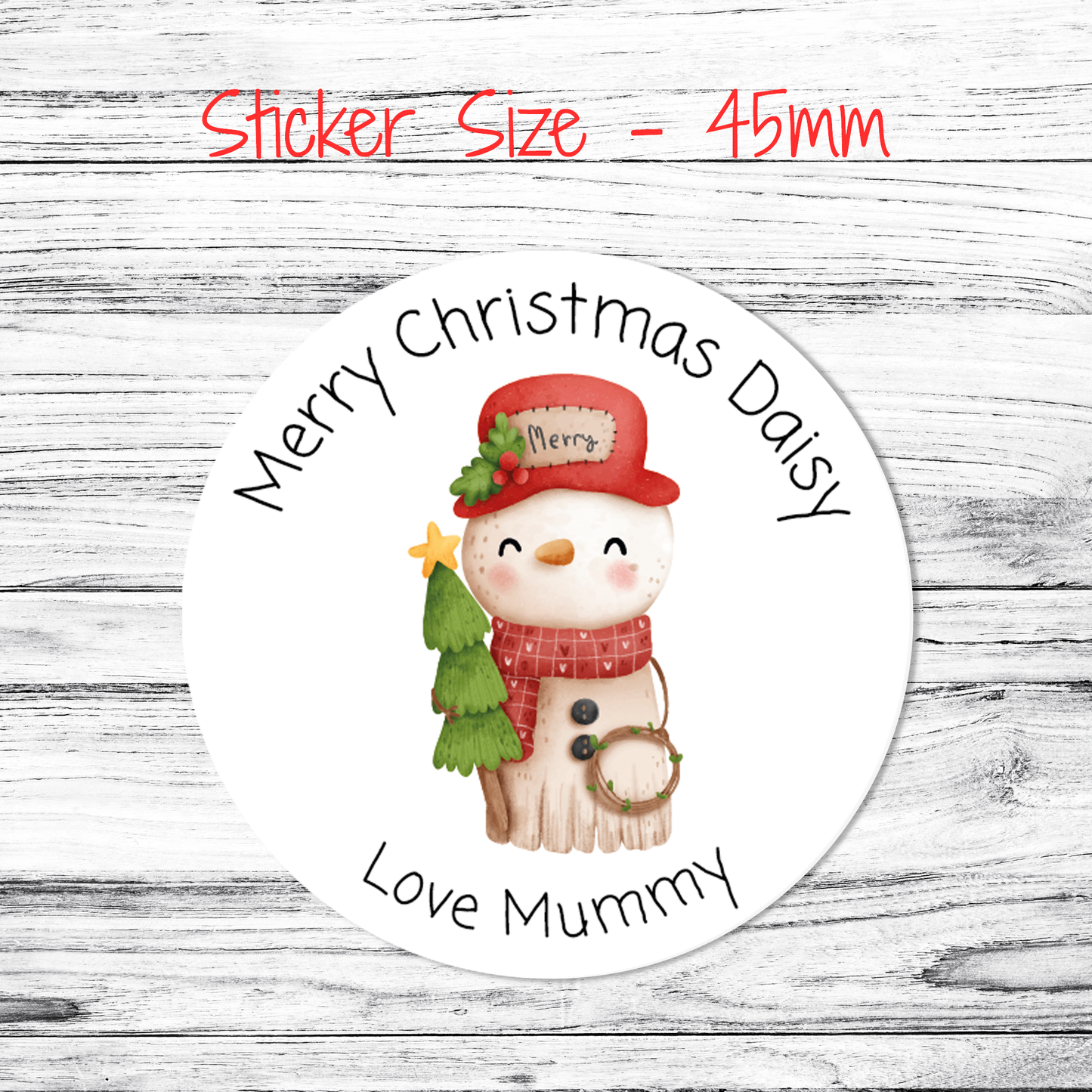 45mm round personalised matte paper sticker with snowman and christmas tree