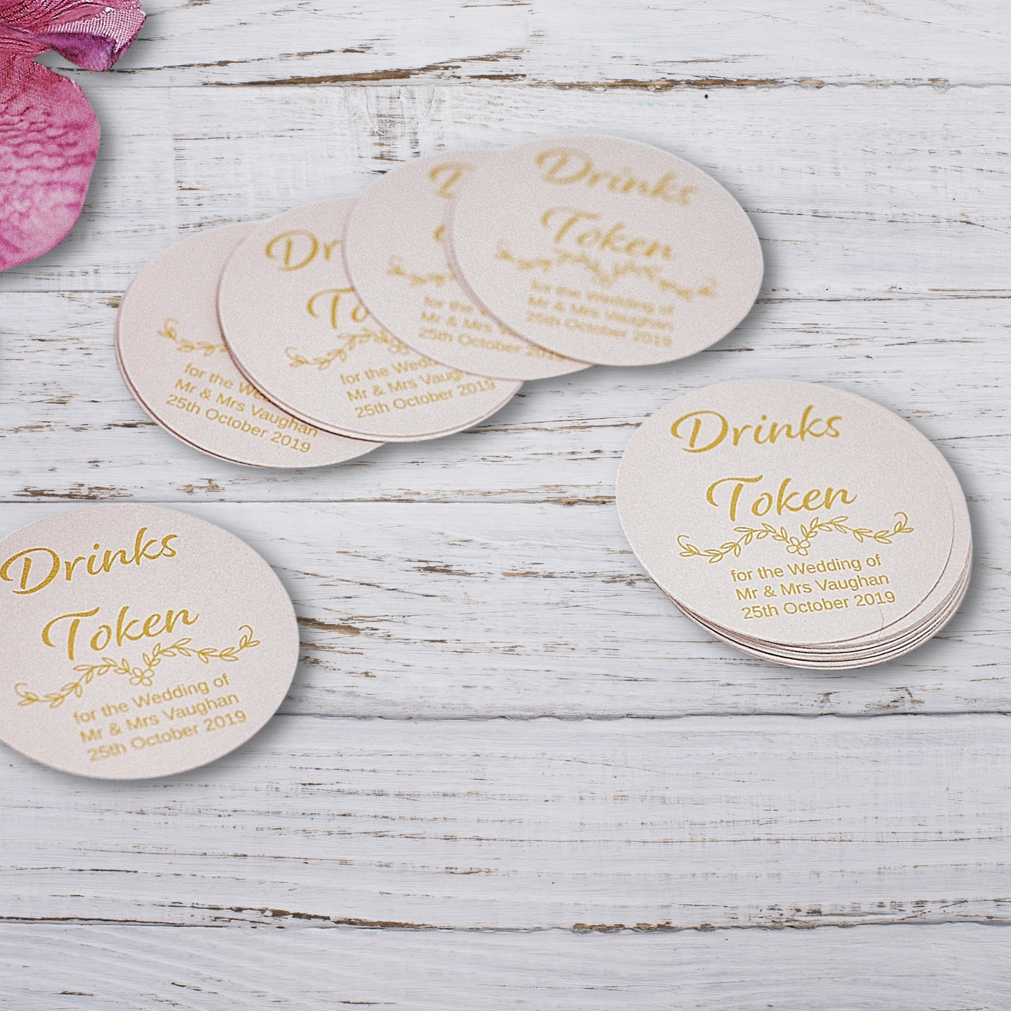 Blush Pink wedding drinks tokens for guests free drinks