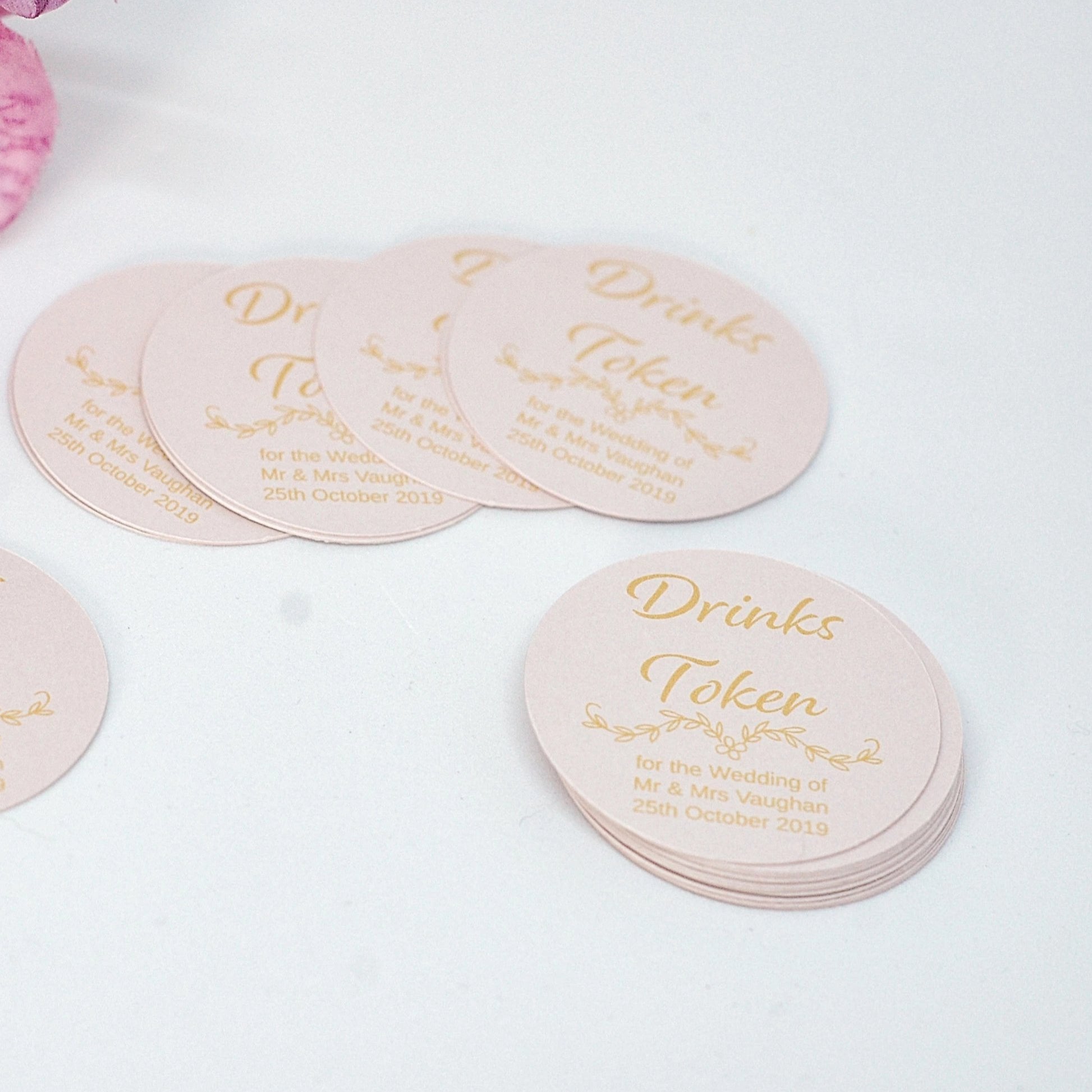 Blush Pink wedding drinks tokens for guests free drinks