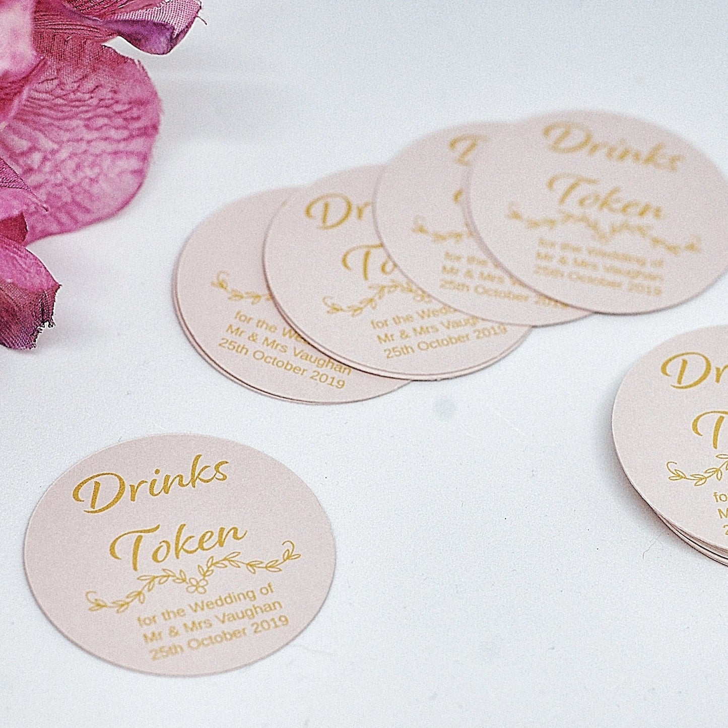 Blush Pink wedding drinks tokens for guests free drinks