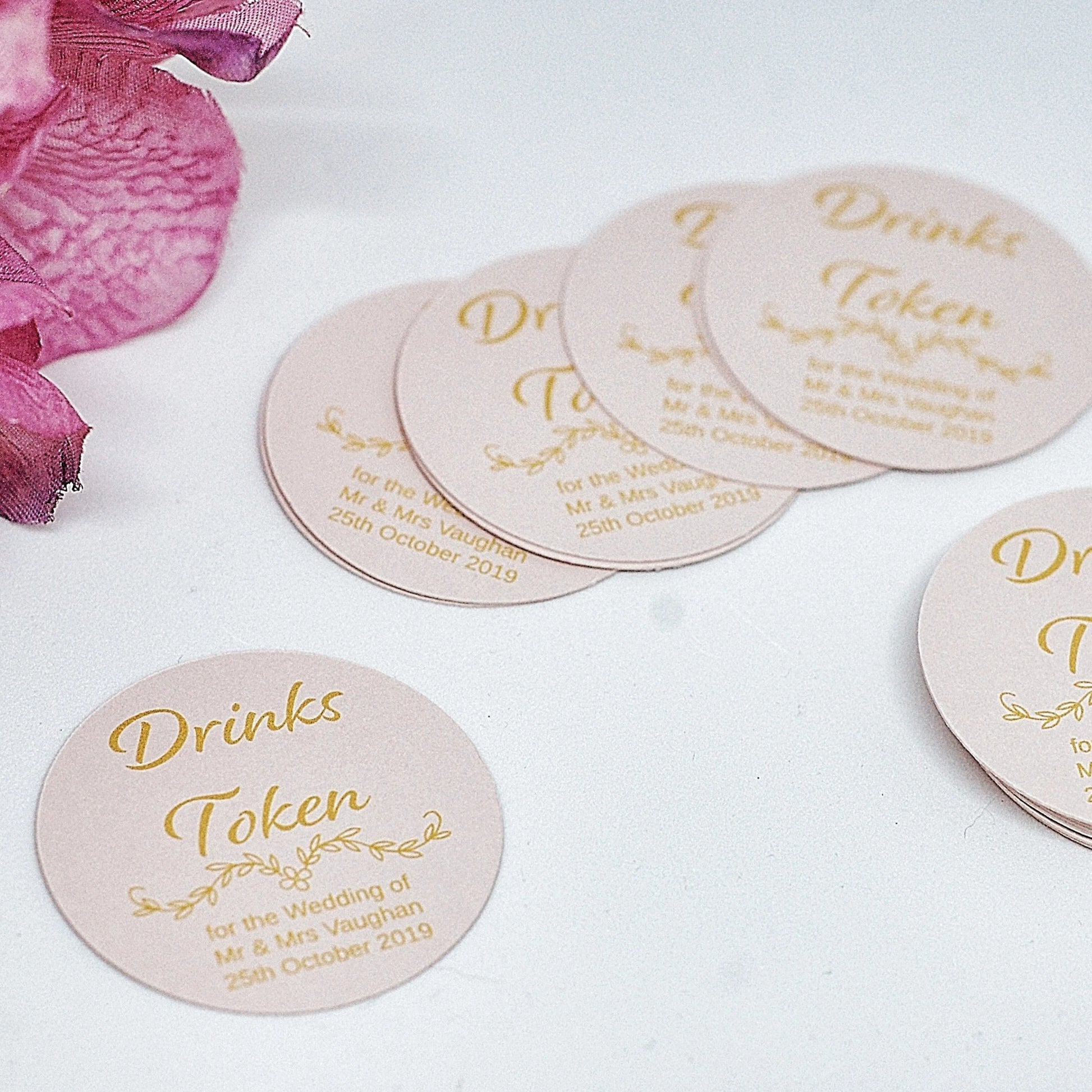 Blush Pink wedding drinks tokens for guests free drinks