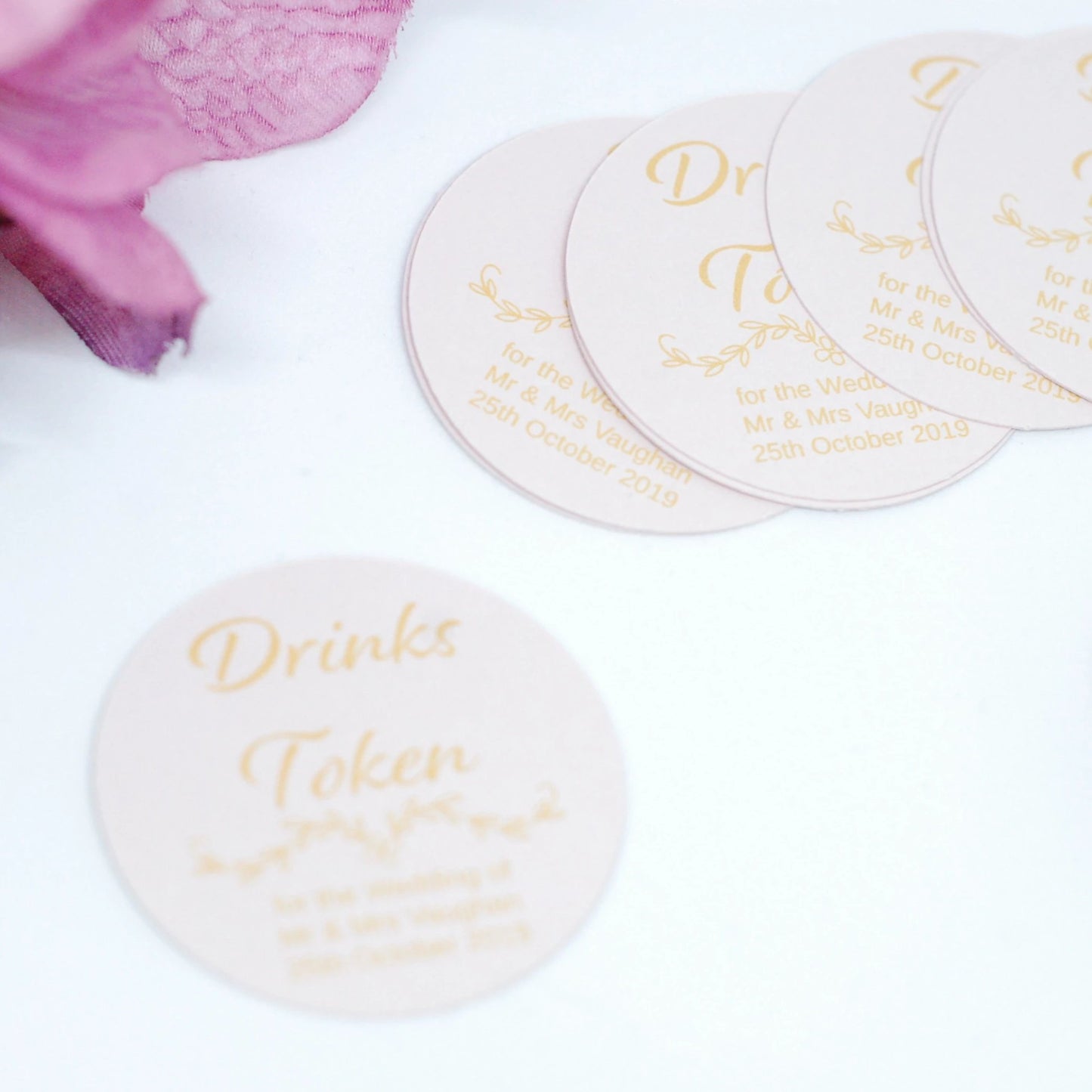 Blush Pink wedding drinks tokens for guests free drinks