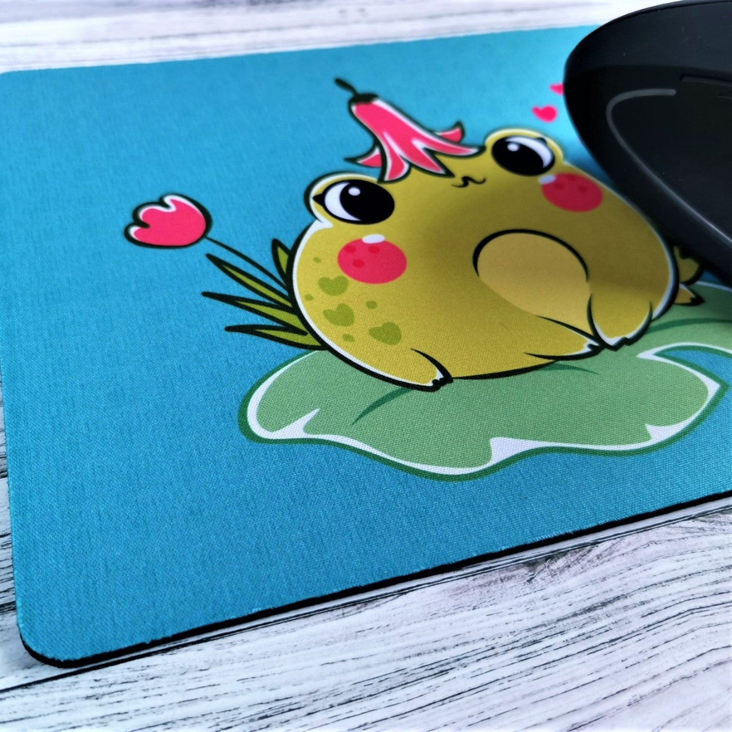 Kawaii frog on a lily pad with blue background fabric compute mouse mat