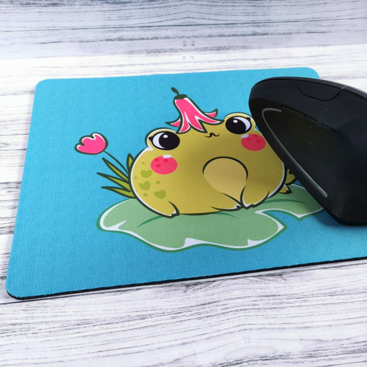 Kawaii frog on a lily pad with blue background fabric compute mouse mat