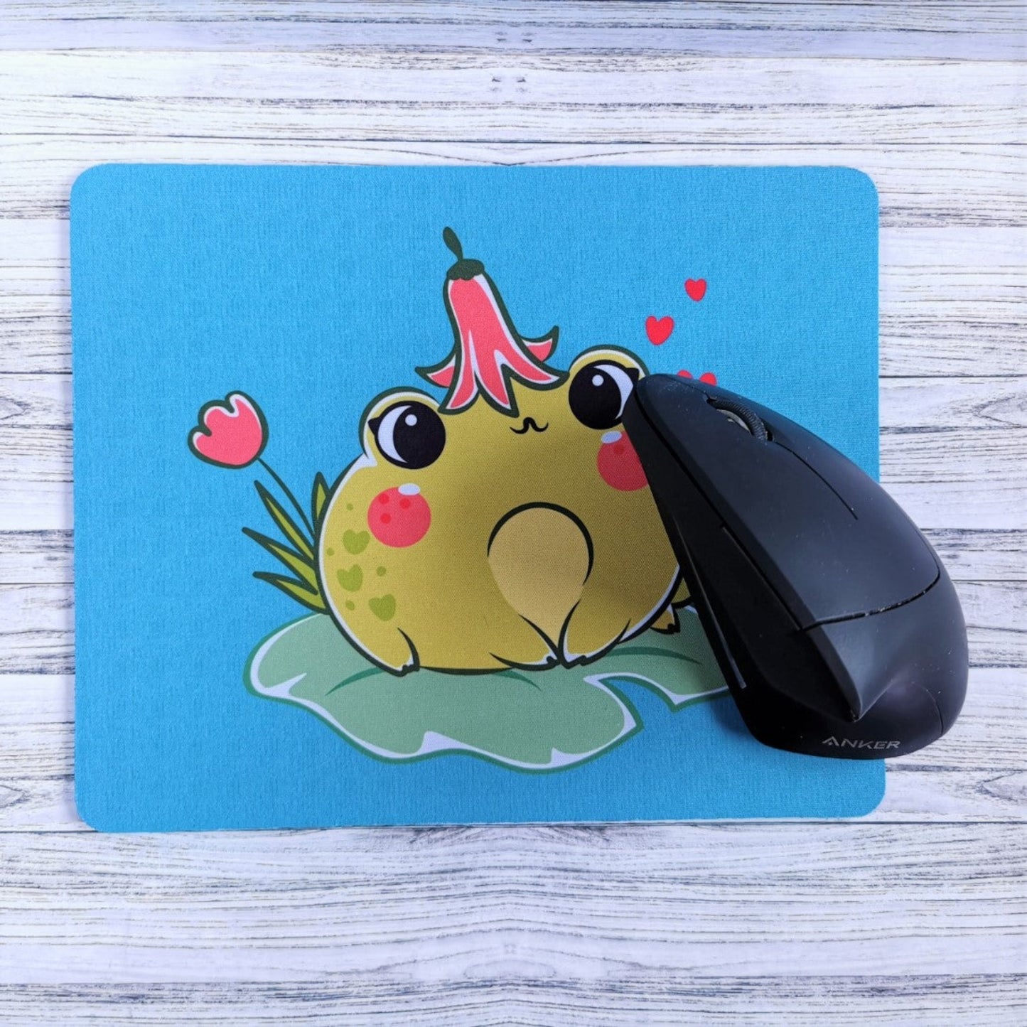 Kawaii frog on a lily pad with blue background fabric compute mouse mat