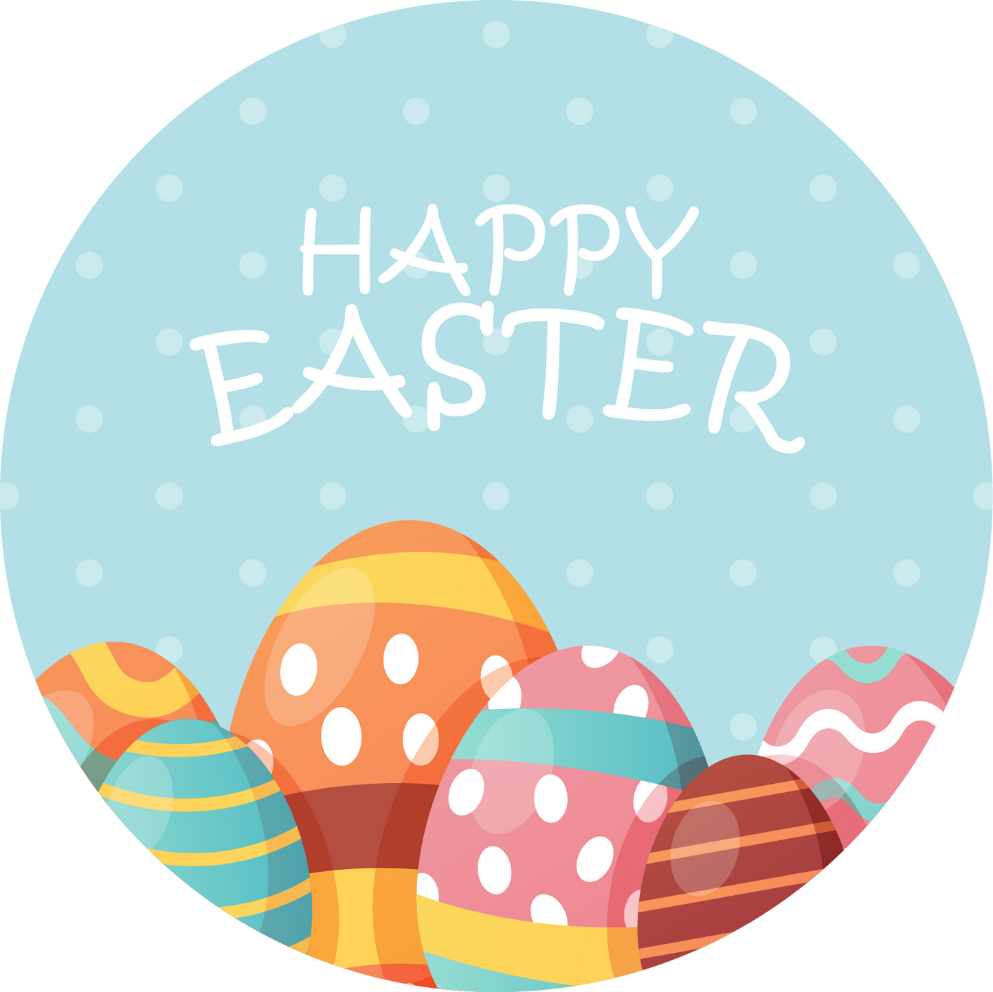 Round printed Happy Easter Stickers featuring Easter eggs