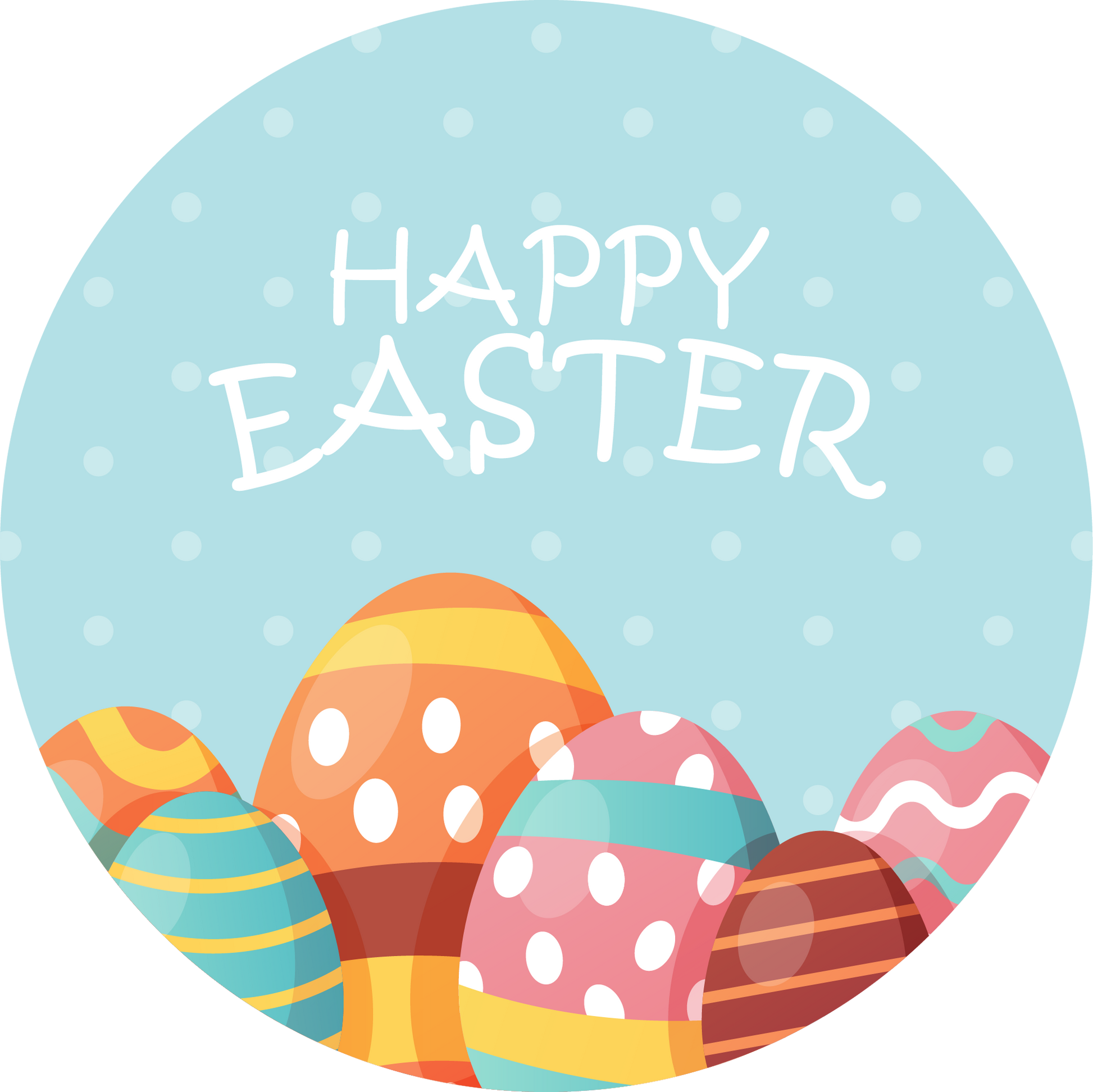 Round printed Happy Easter Stickers featuring Easter eggs