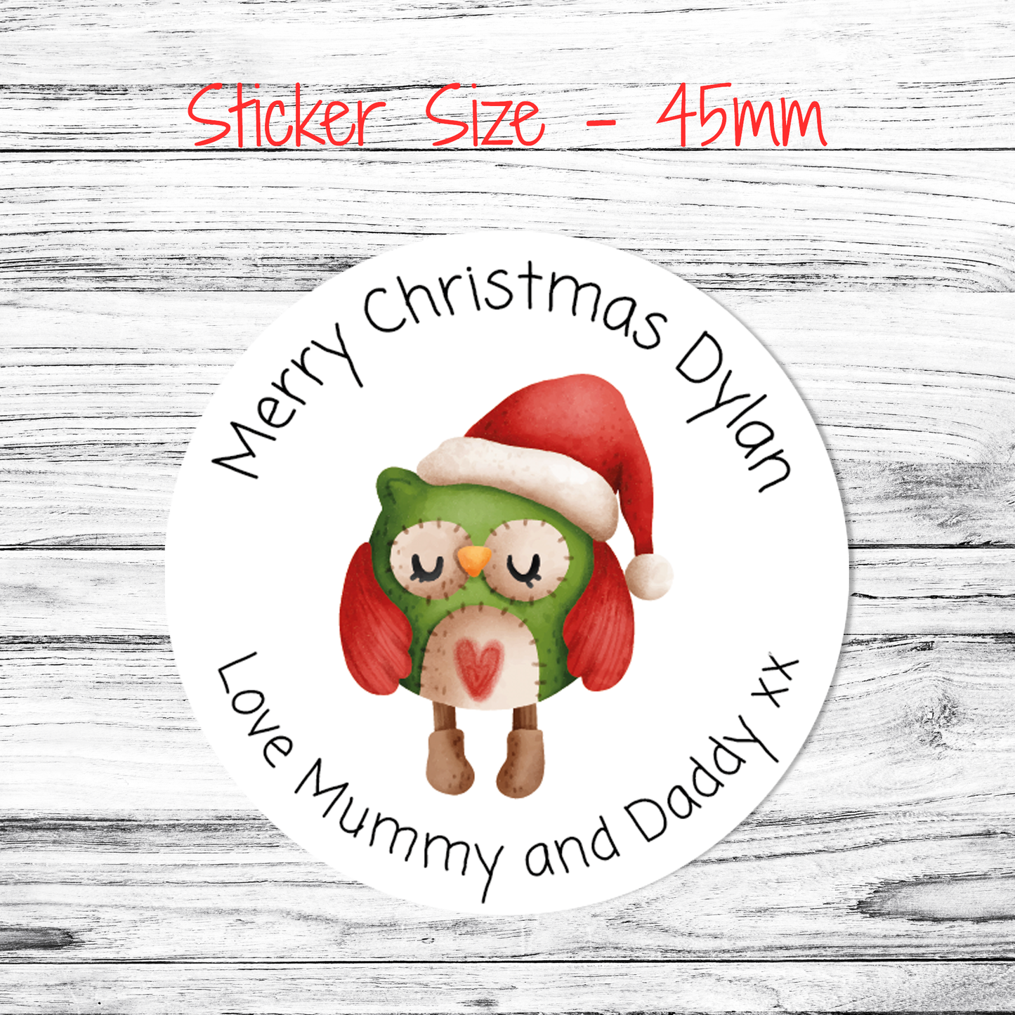 Round personalised Christmas stickers with a sleepy owl