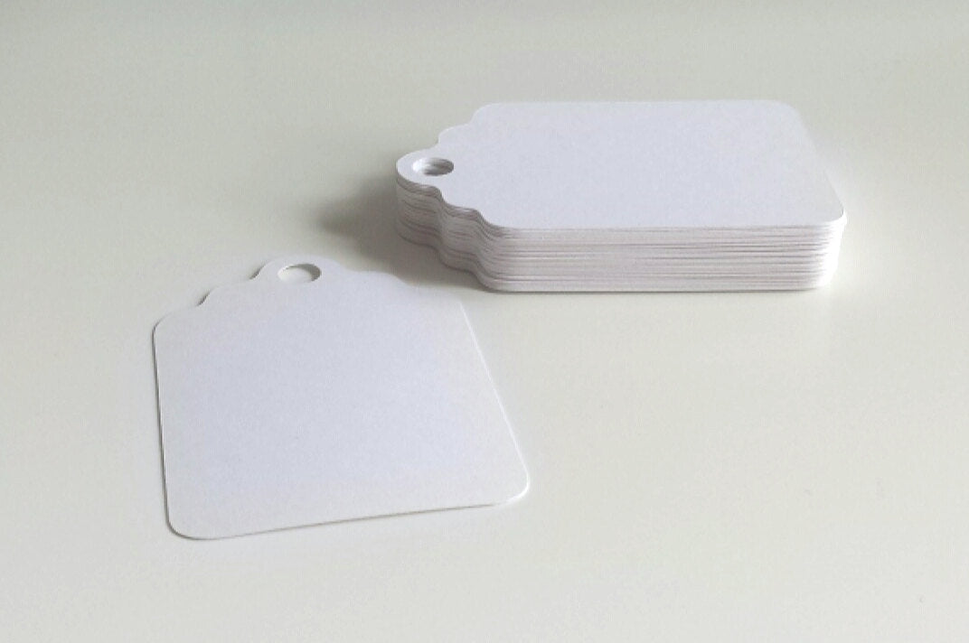 50 White Blank Price TAGS 30x40mm over 1-1/2 Long with Elastic String ~  Card