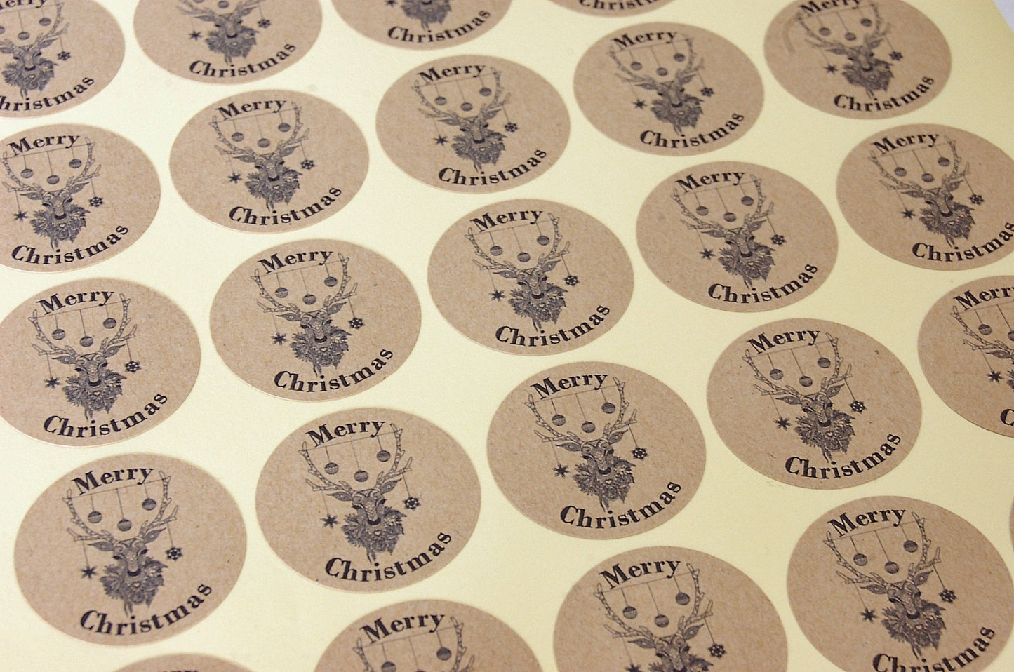 35mm Kraft Christmas Stickers featuring reindeer head